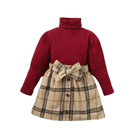 AMILIEe Toddler Baby Girls Plaid Skirt Outfits Ribbed Turtleneck Shirt Tops Dress with Belt Set 1-6 Years