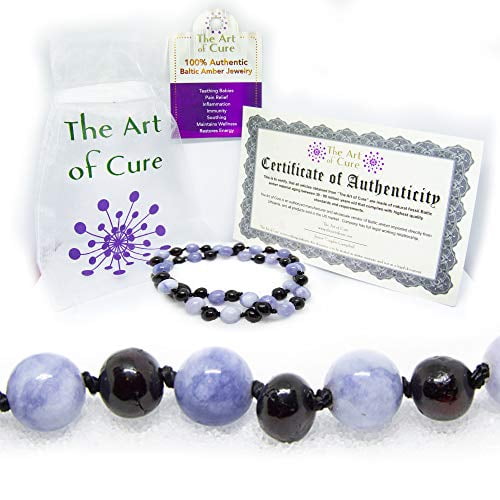 The Art of Cure Original Baltic Amber Necklace- Polished Handmade (Cherry & Aquamarine) for boy or girl ? 12 - 12.5 Inches size
