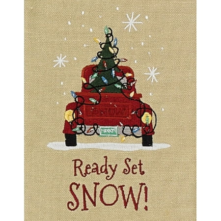 Ready Set Snow Old Red Pickup Truck and Christmas Tree Embroidered Kitchen Towel