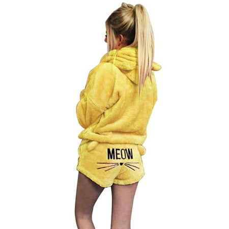 Women Plush Pajamas Set Thick Hoodie Long Tops+Embroidery Shorts Sleepwear Homewear M 13