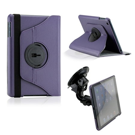 Purple Dual Function 360 Degree Rotating PU Leather Case Cover with Car Mount for iPad Mini 1 and 2