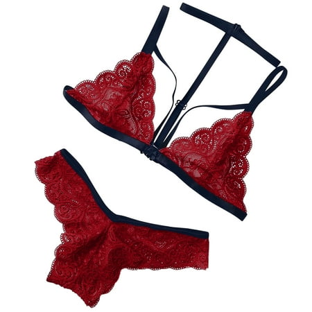 Honeeladyy Clearance under 5$ Womens Stitching Lace Lingerie for Sex Babydoll G-String 2 Piece Lady Deep V Bra Cute Naughty Cutout Underwear