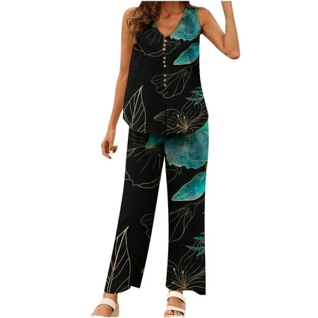 YanHoo Women s Clearance 2 Piece Outfits Sleeveless V Neck Button Tops with Elastic Long Pants Petite Lady Summer Vacation Print Two Piece Set
YanHoo Women s Clearance 2 Piece Outfits Sleeveless V Neck Button Tops with Elastic Long Pants Petite Lady Summer Vacation Print Two Piece Set
