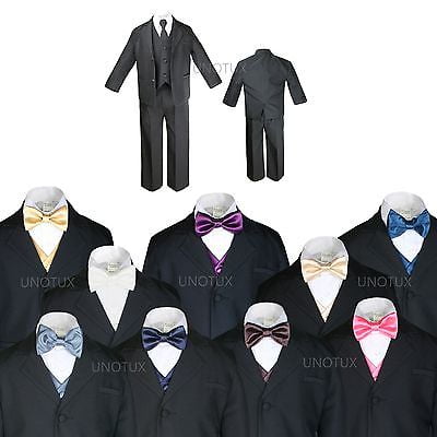 BABY BOY TODDLER KID TEEN WEDDING PROM BLACK TUXEDO SUIT + VEST BOW TIE SZ: S-20