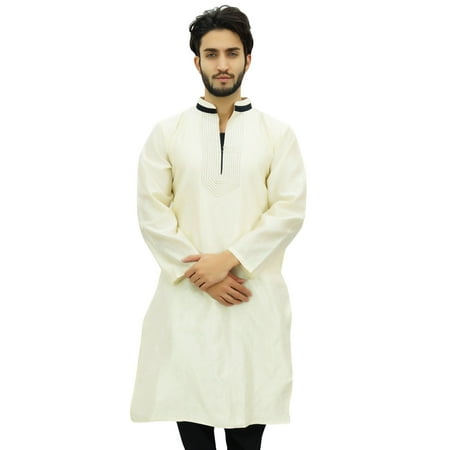Atasi Designer Men s White Party Wear Kurta Pyjama Set Long Dupion Shirt-Large