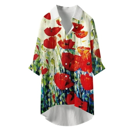 Women s Casual Long Sleeve Button Lapel Print Pocket Top Blouse