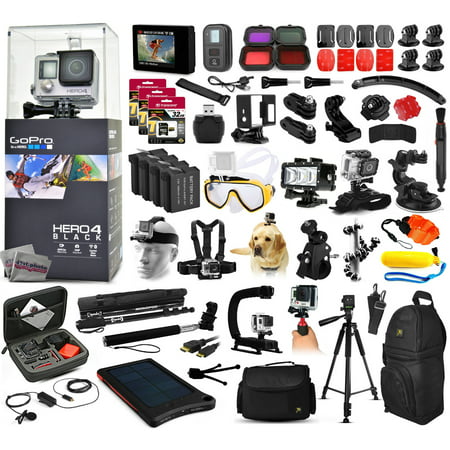 GoPro Hero 4 HERO4 Black Edition CHDHX-401 Kit with 160GB Memory + Diving Mask + Waterproof LED Light + LCD Display + Solar Charger + Tripod + Housing + Mic + X-Grip + Car Mount + Travel Case + More
