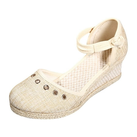 Sandals Women Slope Heel Breathable Shoes Linen Beige 38
