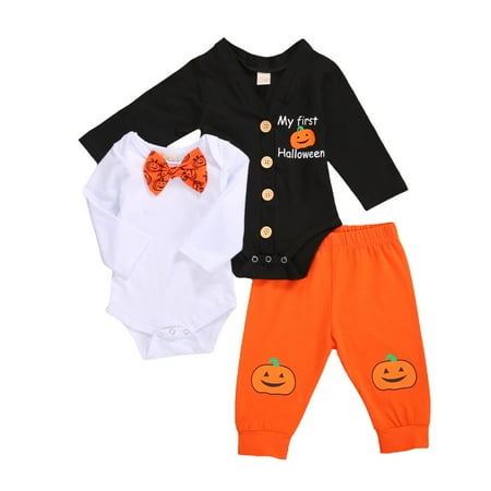 Newborn Baby My First Halloween 3PCS Outfits Black Buttons Down Pumpkin Printed Romper+Bow-tie Romper+Long Pants Set
Newborn Baby My First Halloween 3PCS Outfits Black Buttons Down Pumpkin Printed Romper+Bow-tie Romper+Long Pants Set