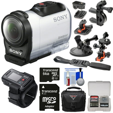 Sony Action Cam HDR-AZ1 Mini HD Video Camera Camcorder & Live View Remote with 64GB Card + 2 Helmet, Flat Surface, Suction Cup & Bike Handlebar Mounts + Case Kit