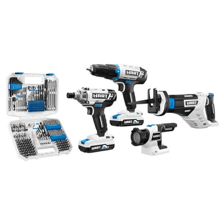 

HART 20-Volt Cordless 4-Tool Combo Kit with 200-Piece Accessory Kit and 16-inch Storage Bag (2) 20-Volt 1.5Ah Lithium-Ion Battery