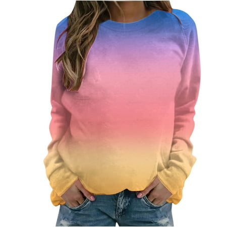 Fall Clearance YUGYXL Womens Crew Neck Sweatshirts Fashion Tie-Dye Crewneck Pullover Tops Comfy Lightweight Long Sleeve Sweatshirt Yellow,L