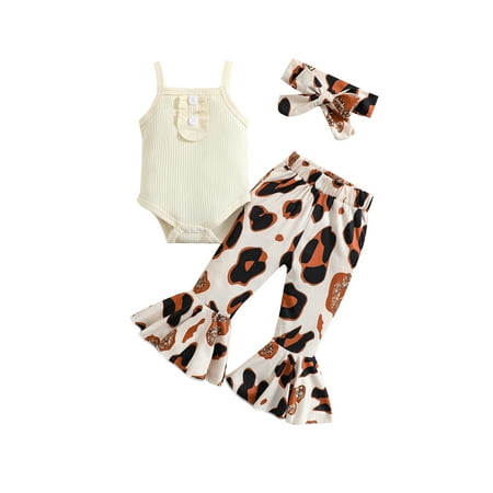 

jaweiw Infant Baby Girls Summer Jumpsuit Clothes Set Solid Color Ribbed Ruffle Sling Romper + Leopard Print Flared Trousers + Bow Headband Size 0 6 12 18 24 M