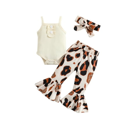 Suanret Infant Baby Girl Summer Jumpsuit Set Solid Color Ribbed Ruffle Sling Romper Leopard Print Flared Trousers Bow Headband Beige White 12-18 Months
Suanret Infant Baby Girl Summer Jumpsuit Set Solid Color Ribbed Ruffle Sling Romper Leopard Print Flared Trousers Bow Headband Beige White 12-18 Months