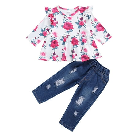 Toddler Baby Girl Ripped Jeans Outfit Ruffle Floral Long Sleeve T-Shirt Tops+Denim Pants 2PCS