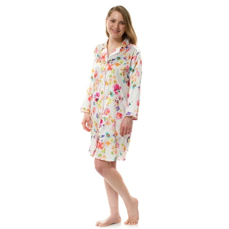 Women s Satin Button Robe Nightshirt Floral Satin Nightshirt
