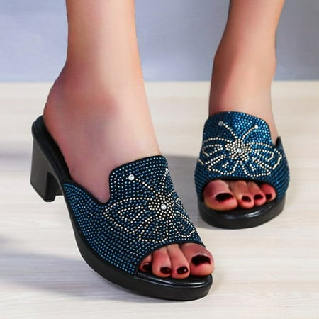 YTJX Fashion Women s Casual Shoes Diamond Slip-on Heels Leisure Slippers