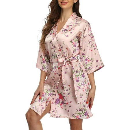 Women Floral Satin Kimono Robe Bride Bridesmaids Silky Short Bathrobe Sleepwear