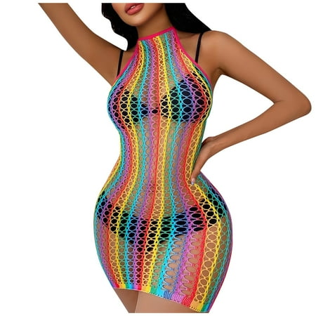 RPVATI Women Sexy Hollow Out Halter Lingerie Babydoll Fishnet Rainbow Nightwear