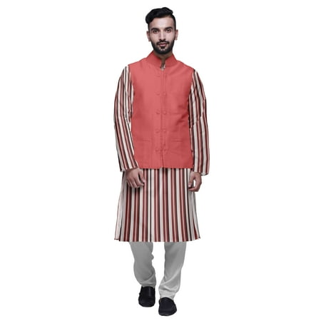 

Atasi Mens Kurta Pajama Jacket Indian Mandarin Collar Printed Ethnic Wear Set