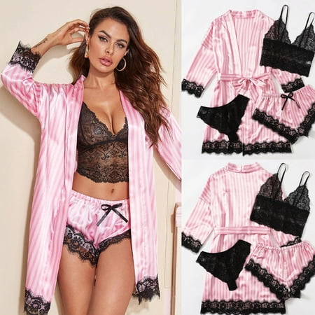 Hanas Fashion Lingerie 4pack Floral Lace Lingerie Set With Satin Belted Robe Striped Nightgown Pajamas Set Honeymoon
Hanas Fashion Lingerie 4pack Floral Lace Lingerie Set With Satin Belted Robe Striped Nightgown Pajamas Set Honeymoon