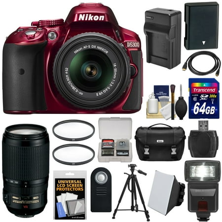 Nikon D5300 Digital SLR Camera & 18-55mm VR II Lens (Red) with 70-300mm VR Lens + 64GB Card + Battery & Charger + Case + Flash + Tripod + Kit Nikon D5300 Digital SLR Camera & 18-55mm VR II Lens (Red) with 70-300mm VR Lens + 64GB Card + Battery & Charger + Case + Flash + Tripod + Kit