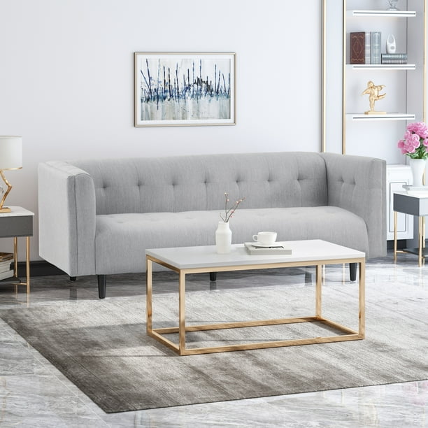 Kennedii Mid-Century Modern Fabric Upholstered Tufted 3 Seater Sofa, Light Gray and Dark Brown