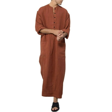 Men Casual Loose Muslim Clothing Long Sleeve Arab Saudi Kaftan Jubba Long Robe