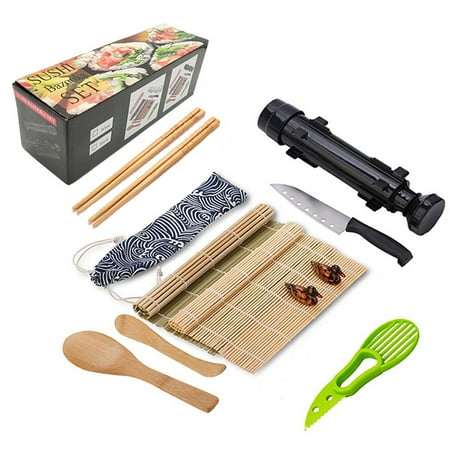 QINGYU Sushi Making Kit Bamboo Sushi Mat All in One Sushi Bazooka Maker Black