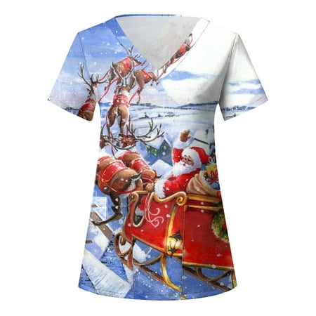 Womens V-Neck Christmas Scrub Tops Ladies Casual Christmas Print Short Sleeve Pocket Loose Caring Workwear
Womens V-Neck Christmas Scrub Tops Ladies Casual Christmas Print Short Sleeve Pocket Loose Caring Workwear
