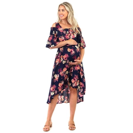 Maternity Cold Shoulder Smock Waist Midi Dress