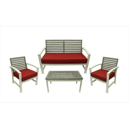 NorthLight 4 Pieces Gray And White Acacia Wood Outdoor Patio Table And Chair Furniture Set - Red Cushions