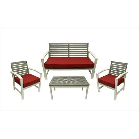 NorthLight 4 Pieces Gray And White Acacia Wood Outdoor Patio Table And Chair Furniture Set - Red Cushions