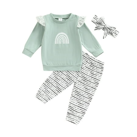 Musuos Baby Girl s Three Pieces Clothes Outfit Round Neck Fly Long Sleeve Rainbow Printed Sweatshirt + Striped Pants + Headband
Musuos Baby Girl s Three Pieces Clothes Outfit Round Neck Fly Long Sleeve Rainbow Printed Sweatshirt + Striped Pants + Headband