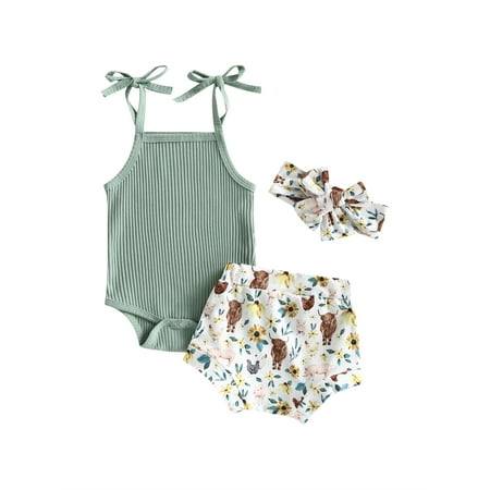 Western Newborn Baby Girl Clothes Infant Sleeveless Knit Solid Romper Cow Print Shorts Headband Set Summer Outfit