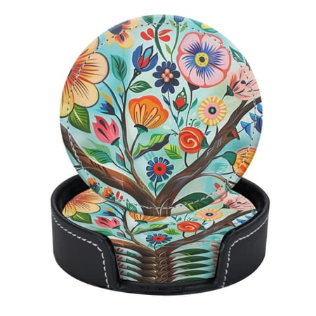 PU Leather Coasters for Drinks Bar Beer Set of 6 with Holder Round Housewarming Gift Vibrant Tree Of Life With Colorful Flowers And Leaves
PU Leather Coasters for Drinks Bar Beer Set of 6 with Holder Round Housewarming Gift Vibrant Tree Of Life With Colorful Flowers And Leaves