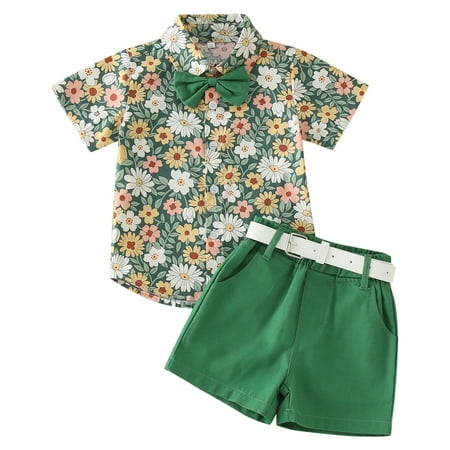 Toddler Boys Short Sleeve Floral Prints T Shirt Tops Shorts Child Kids Gentleman Outfits