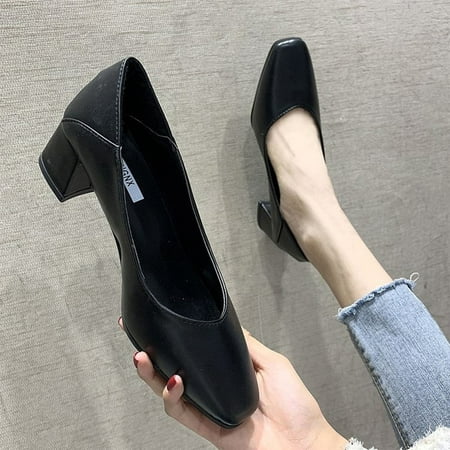 

Women Shoes Fashion Spring And Summer Women Casual Shoes Single Shoes Thick Heel Medium Heel Solid Color Shallow Mouth Black 6.5