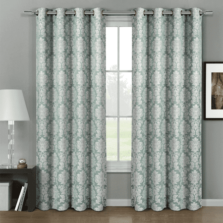 Pair (Set of 2) Aryanna Damask Floral Curtains Jacquard Grommet Panels - 108x84 - Aqua