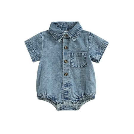 Infant Baby Boy Girl Summer Outfit Clothes Button Up Short Sleeve Denim Romper Bodysuit with Pockets
Infant Baby Boy Girl Summer Outfit Clothes Button Up Short Sleeve Denim Romper Bodysuit with Pockets