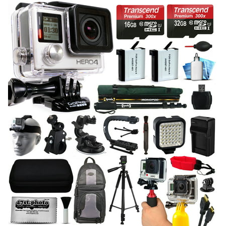 GoPro HERO4 Silver Edition 4K Action Camera with 2x Micro SD Cards, 2x Batteries, Charger, Card Reader, Backpack, Helmet Strap, Chest Harness, Action Handle, Car Mount, Selfie Stick, Tripod and more
