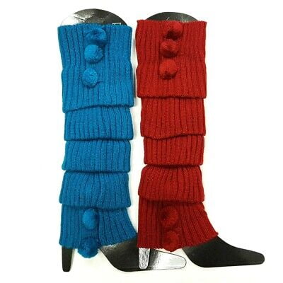 (2 Pack) Cozy Women Leg Warmers Knee High Knit Crochet Pom Poms Warm Winter 16”