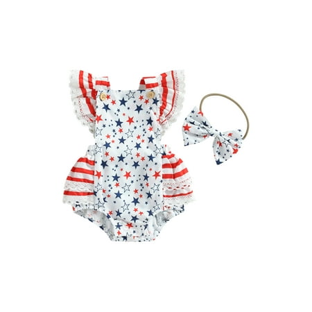 

Infant Baby Girl Independence Day Clothes 4th of July Dress Onesie American Flag Print Ruffle Tutu Bodysuit Romper (Blue 0-3 Months)