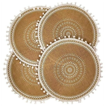 Round Placemats Set of 4 Boho Woven Table Mats with Pompom for Dining Room Kitchen Table Decor(White Ball)
