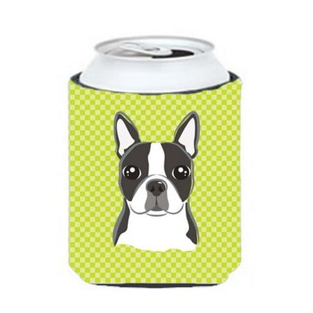 Checkerboard Lime Green Boston Terrier Can Or Bottle Hugger 12 Oz.