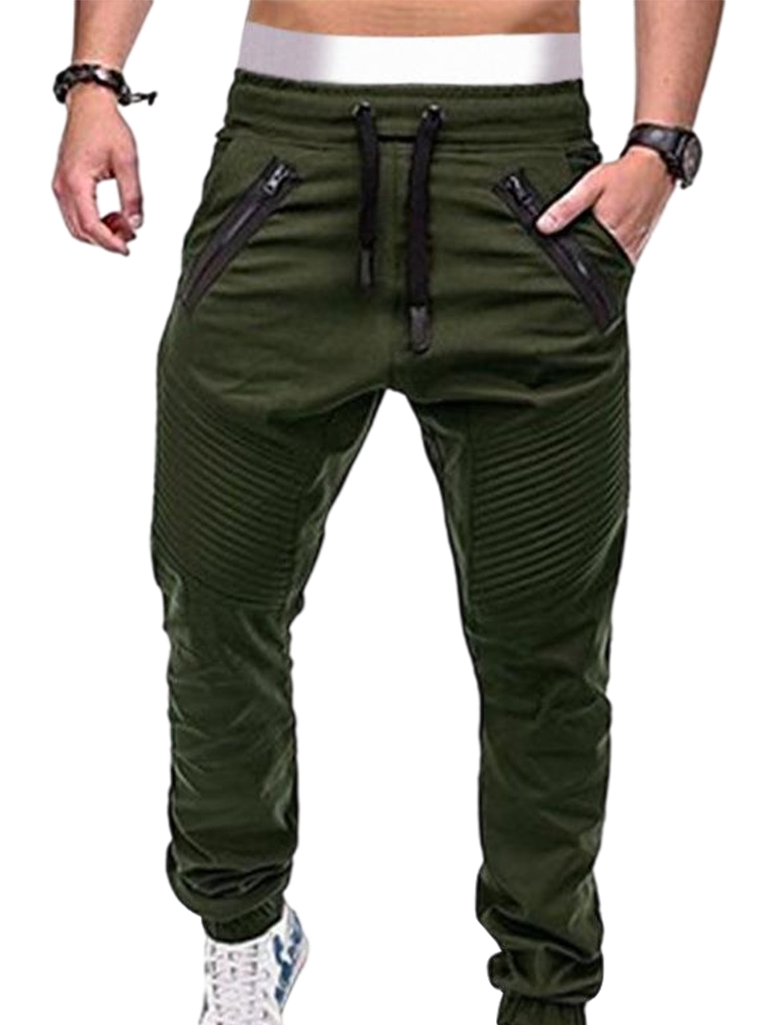 Capreze Mens Solid Color Pants Lightweight Zipper Bottoms Jogger Harem