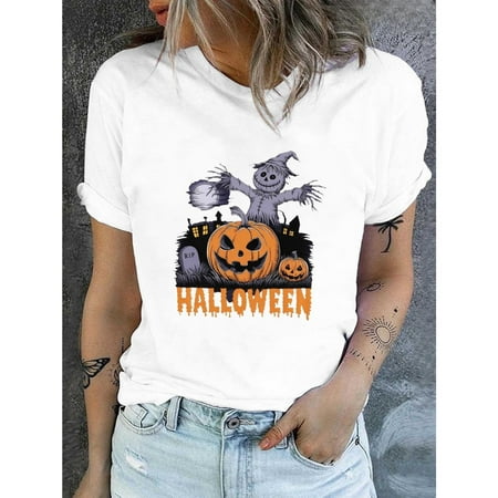 Women Halloween Scarecrow T Shirt Soft Cotton Casual Fall Party Top Regular Fit Short Sleeve Round Neck White S-5XL