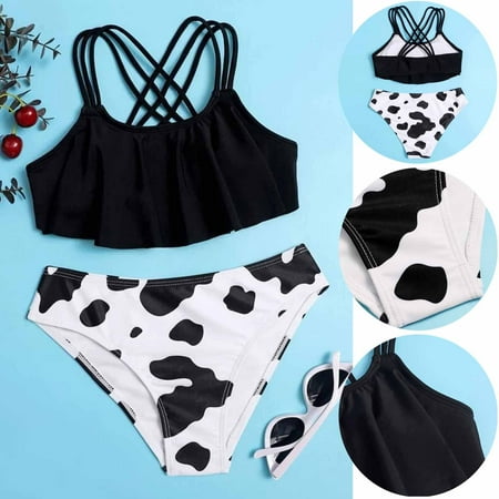 

QWANG Girls Cow Two Piece Bikini Swimsuit Ruffle Flounce Crop Top Bathing Suit Tankini Sets Beachwear Black