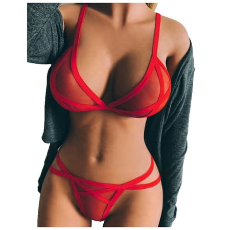 

YDKZYMD Plus Size Lingerie See Through Outfits Womens Sexy Mesh Bra and Panty Criss Cross Pajamas for Women Red S