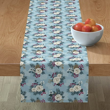 Cotton Sateen Table Runner 90 - Holiday Folk Floral Berries Christmas White Roses Winter Print Custom Table Linens by Spoonflower